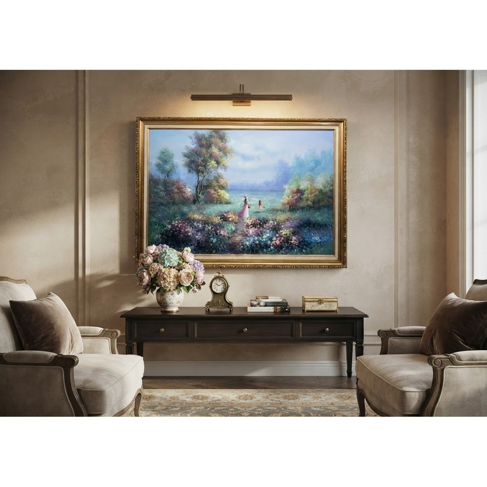 Large Impressionist Oil Painting Woman and Child in Flower Meadow Gold Frame